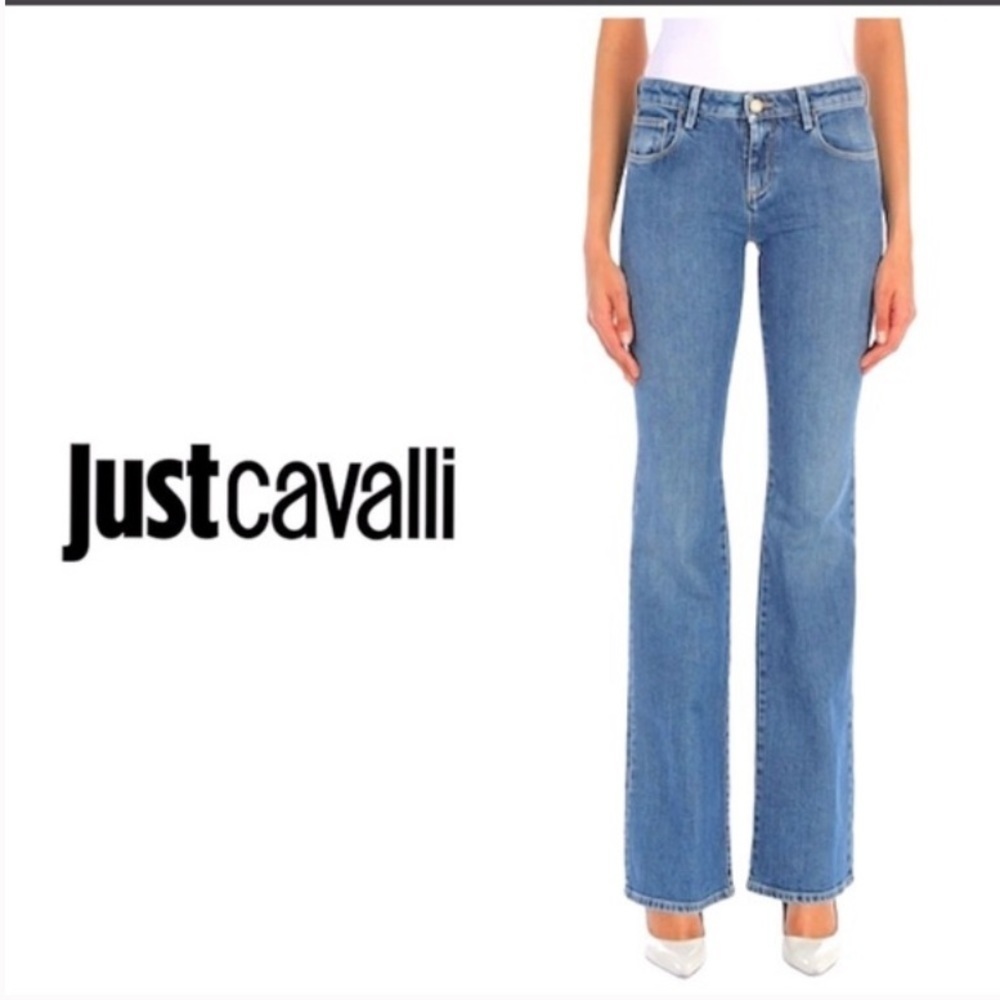 New with tags Just Cavalli Y2K  low rise wide leg jeans. Gold tag on back.
